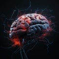 Artificial intelligence. The human brain on a black background and multi-colored lightning Royalty Free Stock Photo