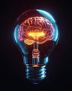 Artificial Intelligence and Human Creativity Concept. Glowing Brain Inside Light Bulb Innovation Symbol. Royalty Free Stock Photo