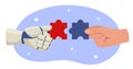 Artificial intelligence and human interaction. Robot and man hands connect puzzle pieces. Teamwork and collaboration. AI
