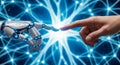Artificial intelligence and humanity connection concept with robot and human hand touching, representing future of technology, Royalty Free Stock Photo