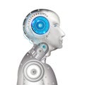 Artificial intelligence in humanoid head. AI with digital brain is learning processing big data, analysis information. Face of Royalty Free Stock Photo