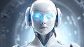 Artificial intelligence humanoid robot with headphone as an assistance and call operator on glowing tech background, chatbot and
