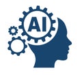 Artificial intelligence icon, machine learning and cyber mind domination concept in form of human face with gears, command prompt