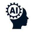 Artificial intelligence icon, machine learning and cyber mind domination concept in form of human face with gears, command prompt