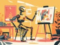 Artificial intelligence. illustration in flat cartoon style. The robot works in the art studio. Generative AI