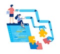 Artificial Intelligence Illustration of People Designing Programs and Robot Hands Solving Puzzles with AI Language