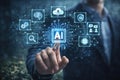 Artificial intelligence interface with glowing icons and a human interacting with technology Royalty Free Stock Photo