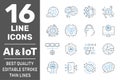 Artificial Intelligence and IoT thin icons set. AI, Iot, IIoT, Factory 4.0. Binary Code, Robot, Microchip, Smart Brain and other Royalty Free Stock Photo