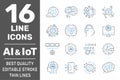 Artificial Intelligence and IoT thin icons set. AI, Iot, IIoT, Factory 4.0. Binary Code, Robot, Microchip, Smart Brain and other