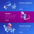 Artificial intelligence isometric landing page template. Machine learning, software application, ai website steps vector