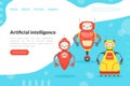 Artificial Intelligence Landing Page Template with Cute Friendly Android Robots, Robotic Technology, Automation Concept