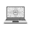 Artificial intelligence in laptop system icon, Laptop displaying electronic circuit chipset isolate on white background, Royalty Free Stock Photo