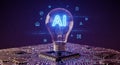 Artificial intelligence lightbulb on a microchip with glowing ai text and blue digital symbols Royalty Free Stock Photo