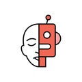 Human and robot face. Artificial Intelligence. Line coloured vector icon.