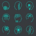 Artificial intelligence line icons. Editable stroke. Blue vector illustrations isolated. AI icon sets on dark background. Royalty Free Stock Photo