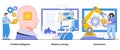 Artificial intelligence, machine learning, automation concept with character. Business efficiency abstract vector illustration set
