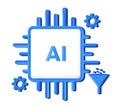 Artificial Intelligence and Machine learning chip design with blue shapes on white background. Isolated deep learning icon design
