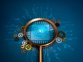 Artificial intelligence and machine learning concept with AI brain chip icon under magnifying glass lens and circuit board on dark Royalty Free Stock Photo