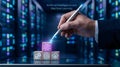 Artificial Intelligence and Machine Learning Concept: Businessman Touching Glowing AI Block in Server Room Royalty Free Stock Photo