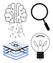 Artificial Intelligence, Data Analysis, and Innovative Technology Concepts with Brain, Code, Search, and Light Bulb Royalty Free Stock Photo
