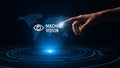 Artificial intelligence and machine vision concept with human hand interacting with world map technology background Royalty Free Stock Photo