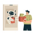 Artificial Intelligence with Man Character Receive Parcel from Bot Vector Illustration