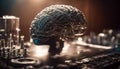 Artificial intelligence. Metal artificial brain. Glowing schemes. Fantastic illustration. Ski-fi concept. Selective focus, AI Royalty Free Stock Photo