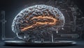 Artificial intelligence. Metal artificial brain. Glowing schemes. Ski-fi concept. Fantastic illustration. Selective focus, AI Royalty Free Stock Photo