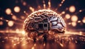 Artificial intelligence. Metal artificial brain. Ski-fi concept. Fantastic illustration. Selective focus, AI generated Royalty Free Stock Photo