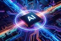 A powerful artificial intelligence microchip glows at the center of a complex and colorful circuit board. Royalty Free Stock Photo