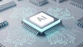 Artificial intelligence microchip on a circuit board with glowing blue lines. The central chip is labeled AI Royalty Free Stock Photo