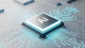 Artificial intelligence microchip on a circuit board with glowing blue lines. The central chip is labeled AI Royalty Free Stock Photo