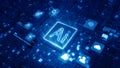 Artificial Intelligence microchip with digital interface icons on blue futuristic circuit board, AGI and data network concept. 3d Royalty Free Stock Photo