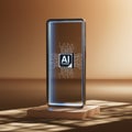 Artificial Intelligence In Mobile Technology Concept. Transparent Smartphone With Glowing AI Chip Standing On Pedestal. 3d Royalty Free Stock Photo