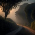 image of an early morning elevated shot of a dirt road winding through overgrown bush. Royalty Free Stock Photo