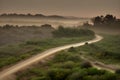 image of an early morning elevated shot of a dirt road winding through overgrown bush. Royalty Free Stock Photo