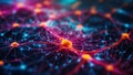 Artificial intelligence or nerve cell concept background. Macro shot of synapses, electrical signals between neurons of brain