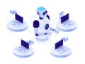 Artificial intelligence network. Virtual AI bot, chat with computer assistant and machine learning isometric vector concept Royalty Free Stock Photo
