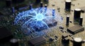 Artificial intelligence neural network on a computer motherboard for deep learning tech Royalty Free Stock Photo