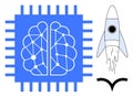 Artificial Intelligence, Neural Networks, and Innovation Symbolized by a Brain Chip and Rocket Launch Royalty Free Stock Photo