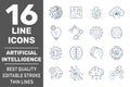 Artificial Intelligence outline icons set. AI technology, IIoT, cyberbrain and AI brain concept. Editable Stroke