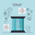 Artificial intelligence poster with chip and electronic circuit in shape of brain in transparent container in light blue