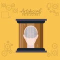 Artificial intelligence poster with human head silhouette with brain in front view in transparent container in yellow Royalty Free Stock Photo