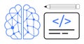 Artificial Intelligence, Coding, and Creativity Concept with Brain, Code Snippet, and Pencil Symbols Royalty Free Stock Photo