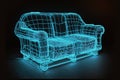 Artificial Intelligence in Psychology, using chatbots like psychologist therapist. Blue neon psychologist sofa in cyber space. AI