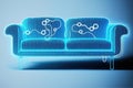 Artificial Intelligence in Psychology, using chatbots like psychologist therapist. Blue neon psychologist sofa in cyber space. AI