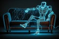 Artificial Intelligence in Psychology, using chatbots like psychologist therapist. Neon robot psychologist on sofa in cyber space