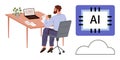 Man Working at Desk with Laptop, AI Technology Concept and Cloud Computing Symbol Royalty Free Stock Photo