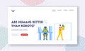 Artificial Intelligence Replace Human Landing Page Template. Woman Lost Job Due to Robotics Technology. Robot Workplace