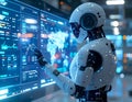 Artificial Intelligence Robot Analyzing Data Dashboard in Futuristic Control Center, AI Automation Analytics Royalty Free Stock Photo